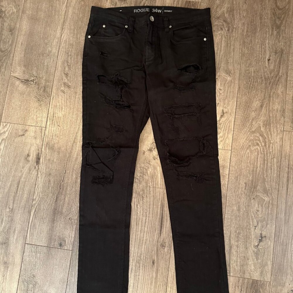 Rogue Men's Distressed Black Denim Skinny Jeans - Size 34x33